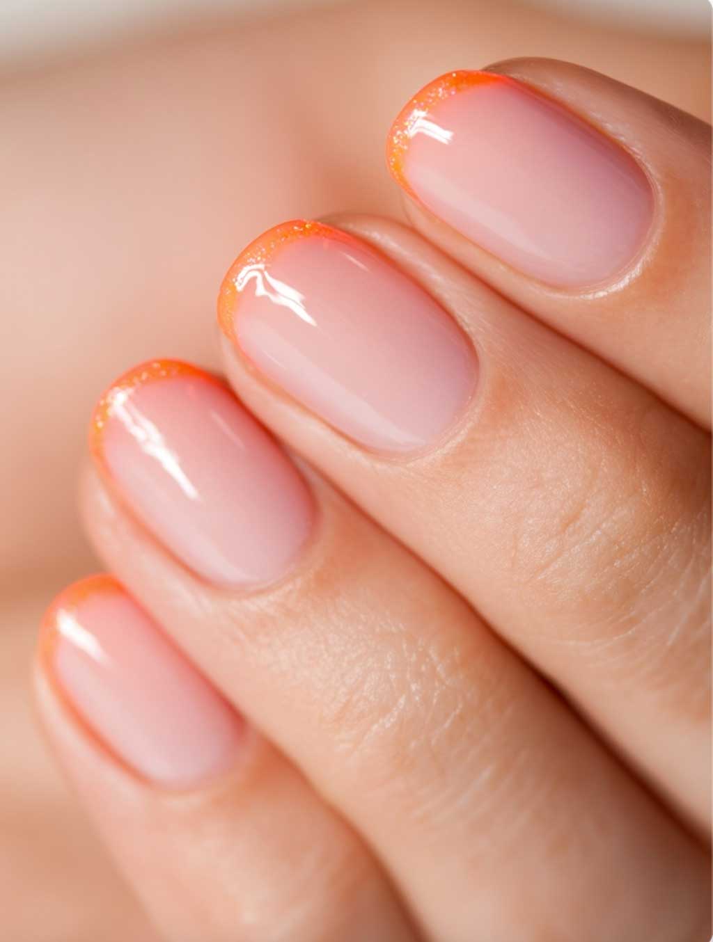 minimal simple glittery orange french tips on cute short almond nails