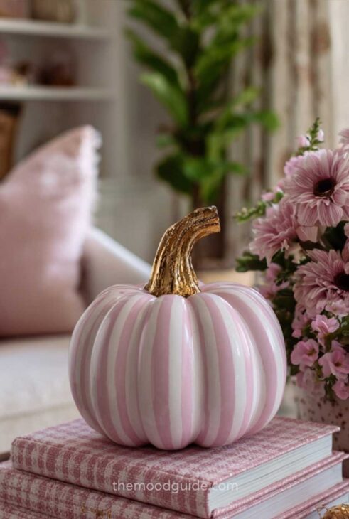 handpainted pink and white strips pumpkin fr pink aesthetic fall decor, girly cute feminine aesthetic