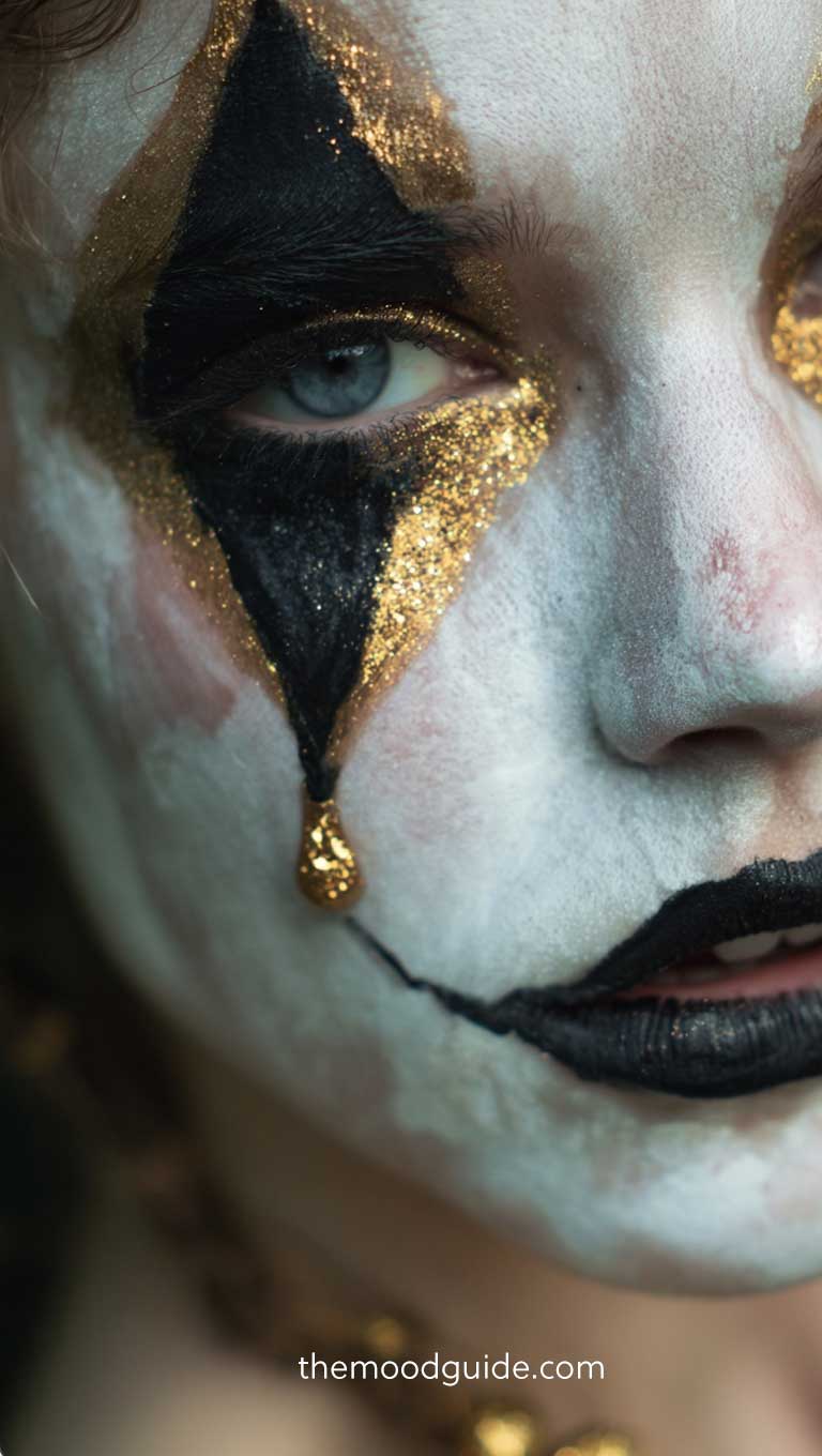 circus pierrot gold and black aesthetic eye luxury clown makeup idea for halloween