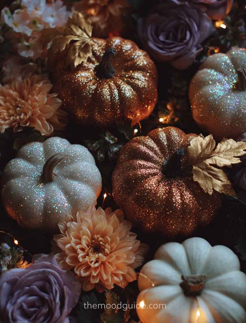 fall pumpkins aesthetic with autumnal flowers
