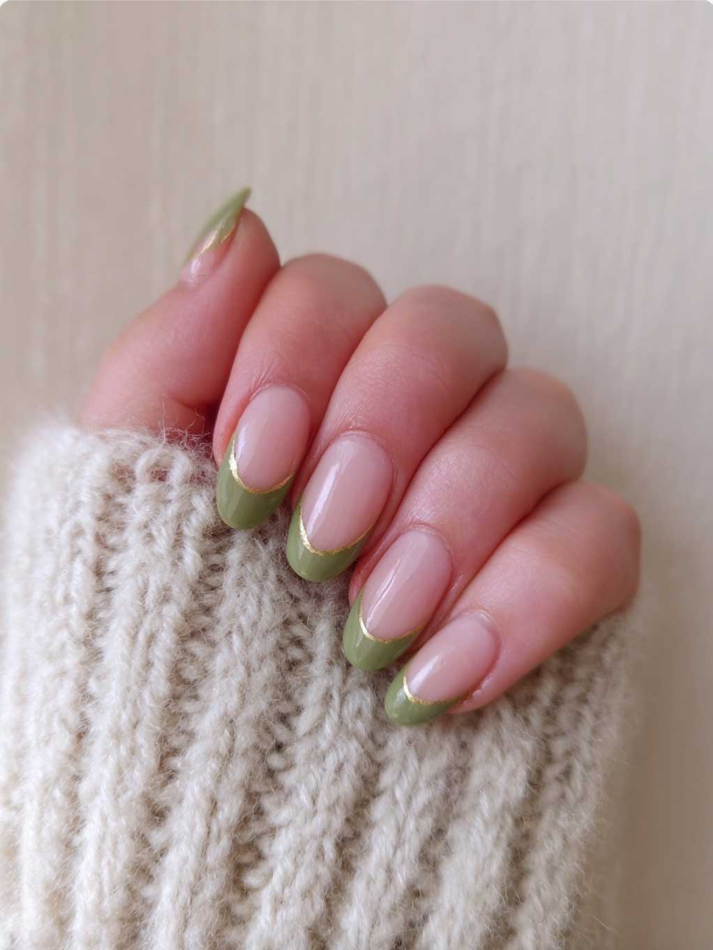 green and gold almond french tips aesthetic fall nails