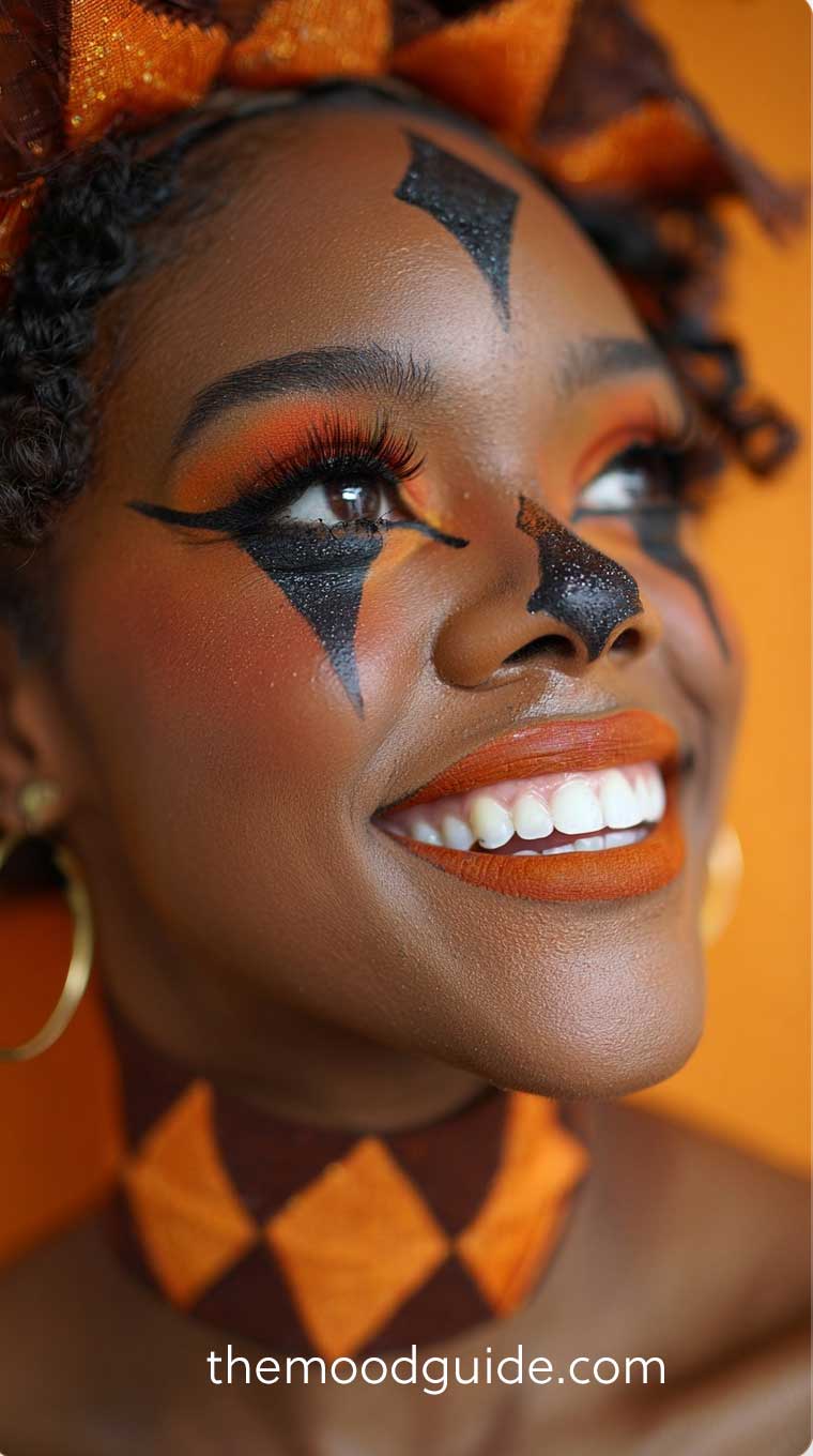 black and orange easy clown halloween makeup on black skin