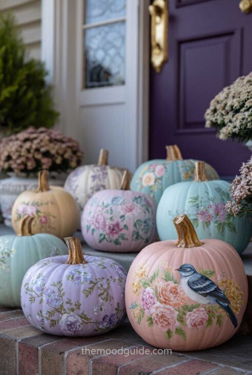 cute pastel handpainted pumpkins on fall porch decor