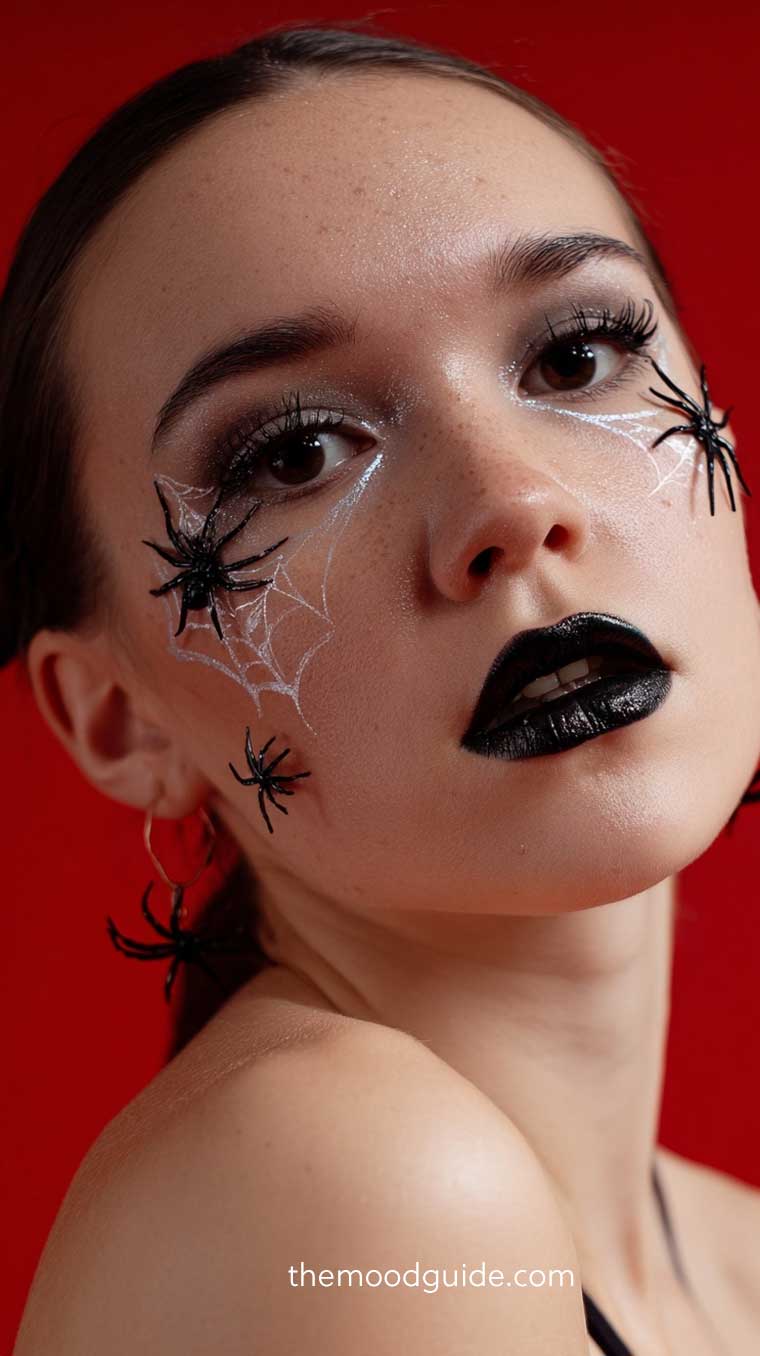 easy  elegante spider makeup for halloween with black lipstick and silver spider web on nude natural skin
