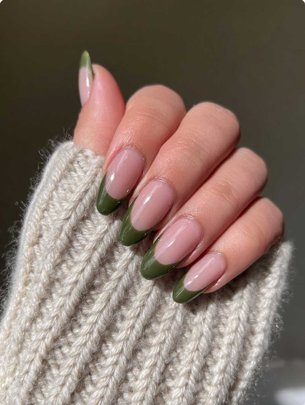 olive green simple fall nails french tips on almond nude nails