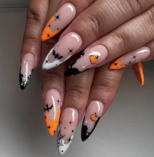 long nails with orange, black and white