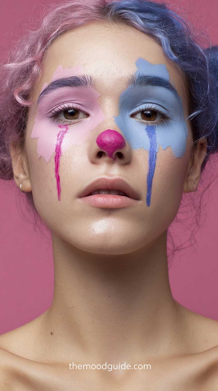 cute pastel easy pink and blue sad clown makeup idea for halloween