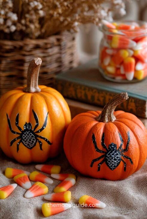 easy simple handpainted spiders on orange pumpkin for diy halloween decor