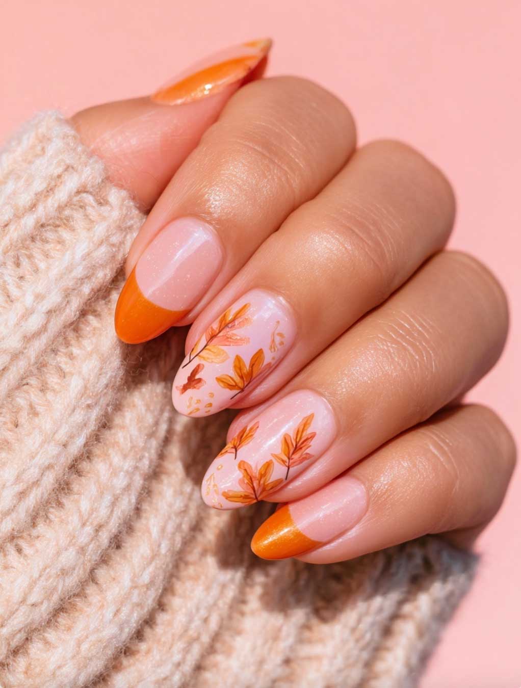 simple orange fall leaves nail design