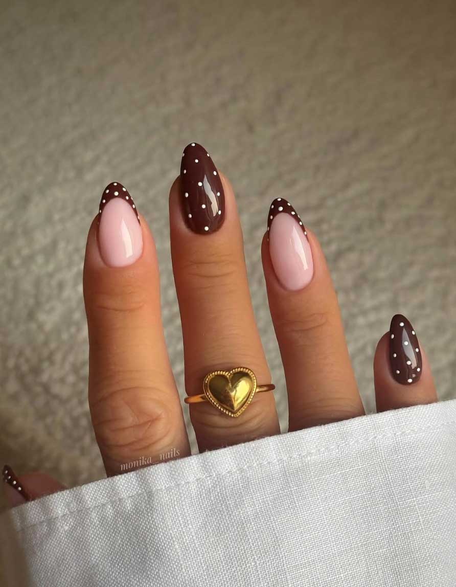 dark brown polka dots nails french tip