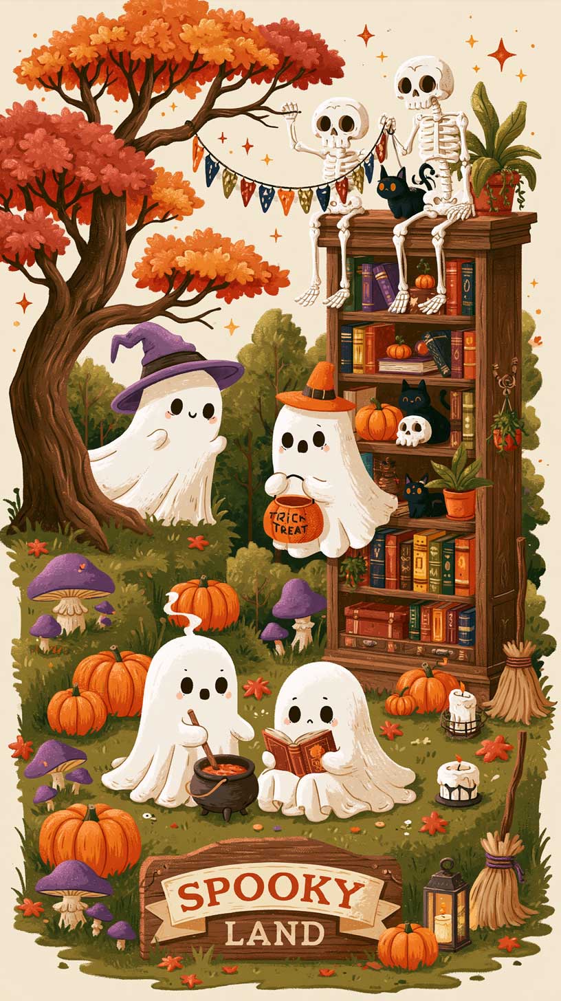 cute ghosts cozy aesthetic halloween phone wallpaper