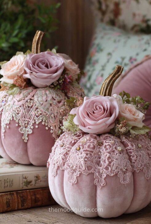 pink shabby chic velvet pumpkin with flowers