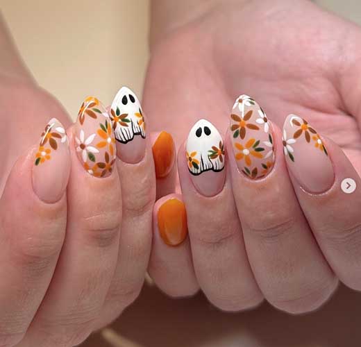 cute ghost and flowers orange and white halloween nails