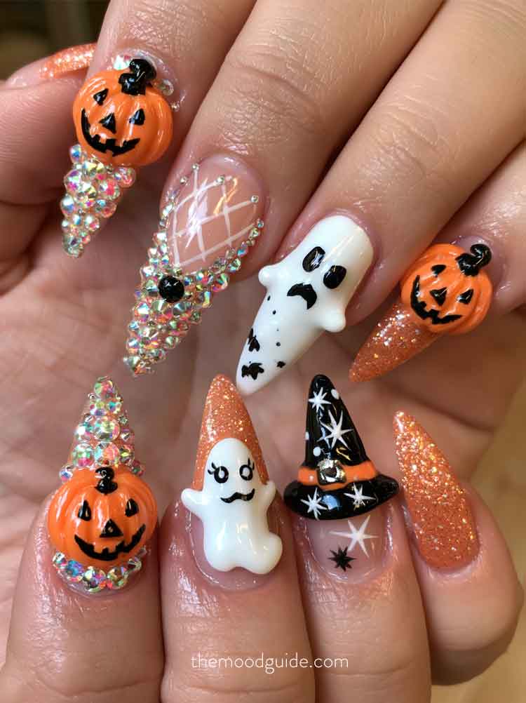 cute 3d halloween nails classic black white, and orange with thinestones