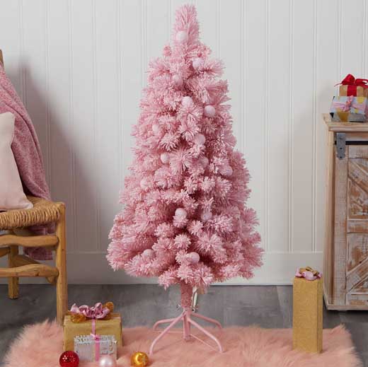 simple pastel pink christmas tree with pink ornaments