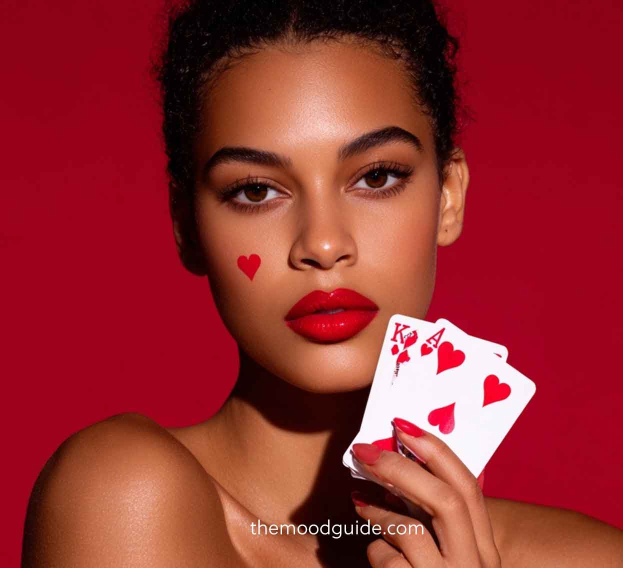 easy minimal simple heart red makeup for office work. elegant on black skin