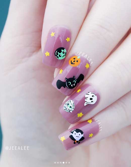 cute dracula, mummy, bat frankenstein halloween handrawn nail art