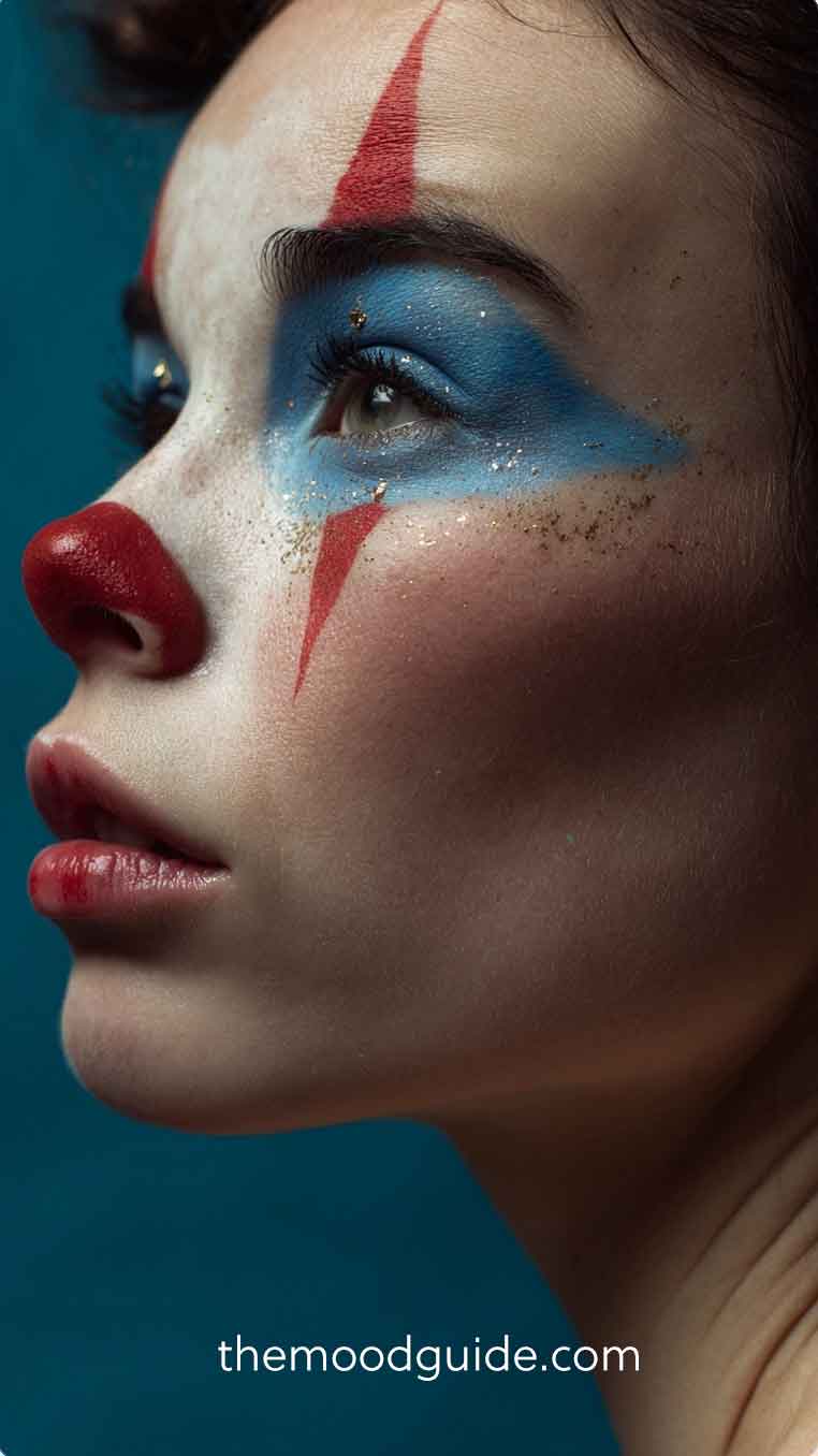 blue and red traditional classic clown makeup