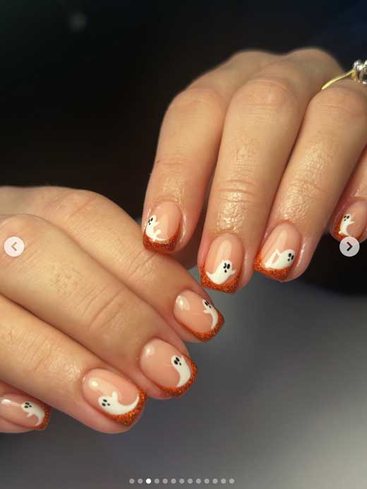 cute french tips nails with ghost art for halloween