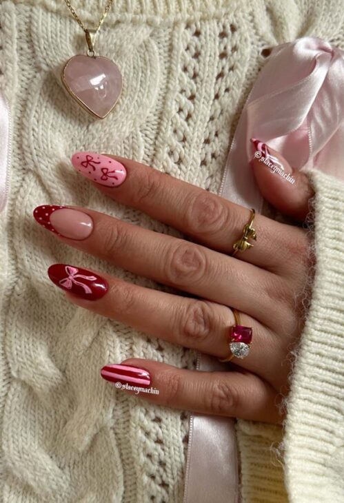 coquette aesthetic pink and red christmas nails