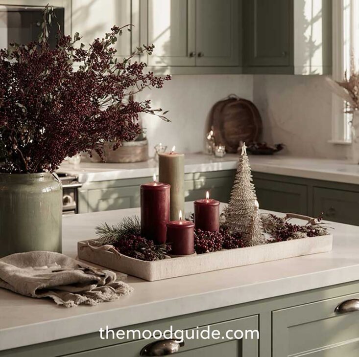 modern minimal sage green and burgundy christmas centerpiece to diy