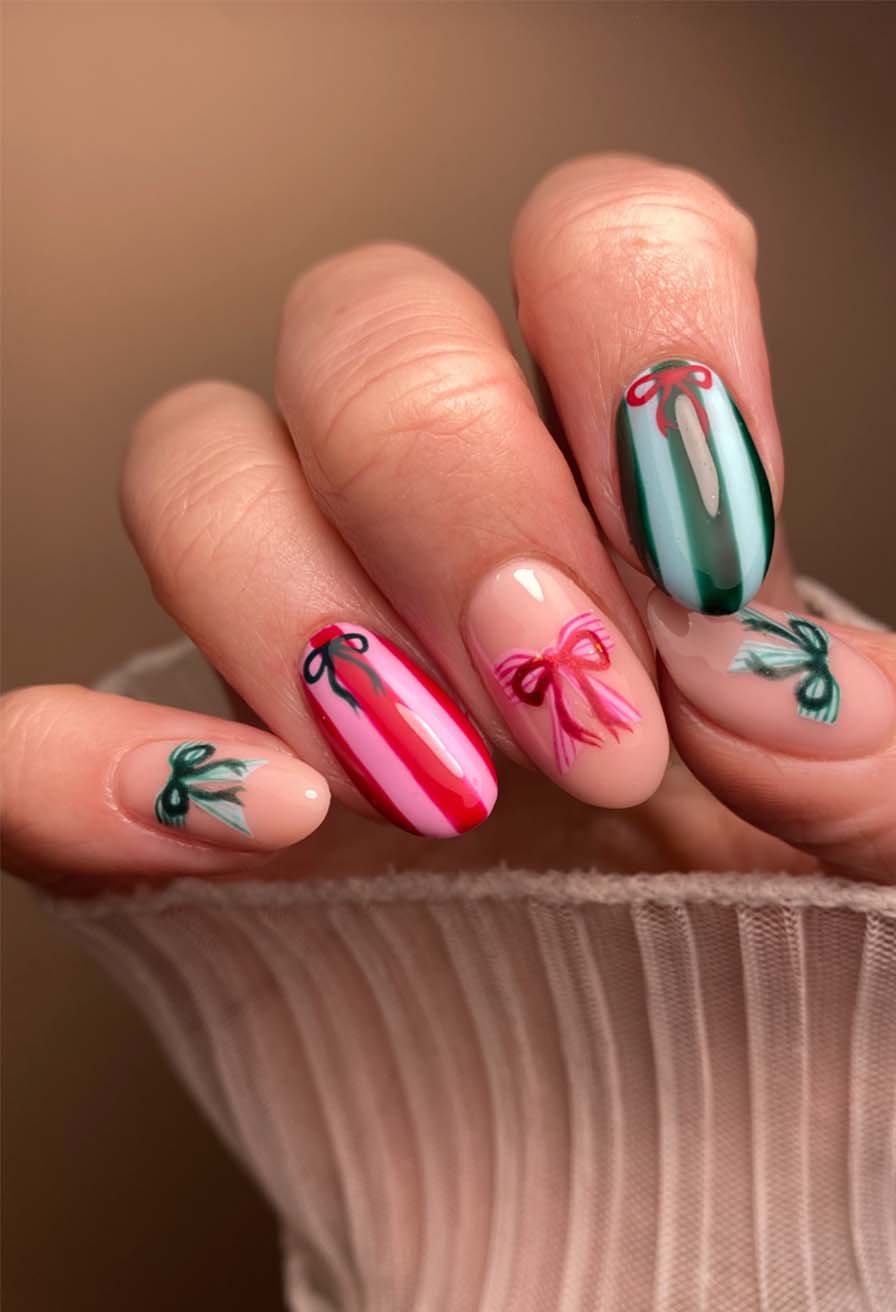 stripes and handrawn christmas nails
