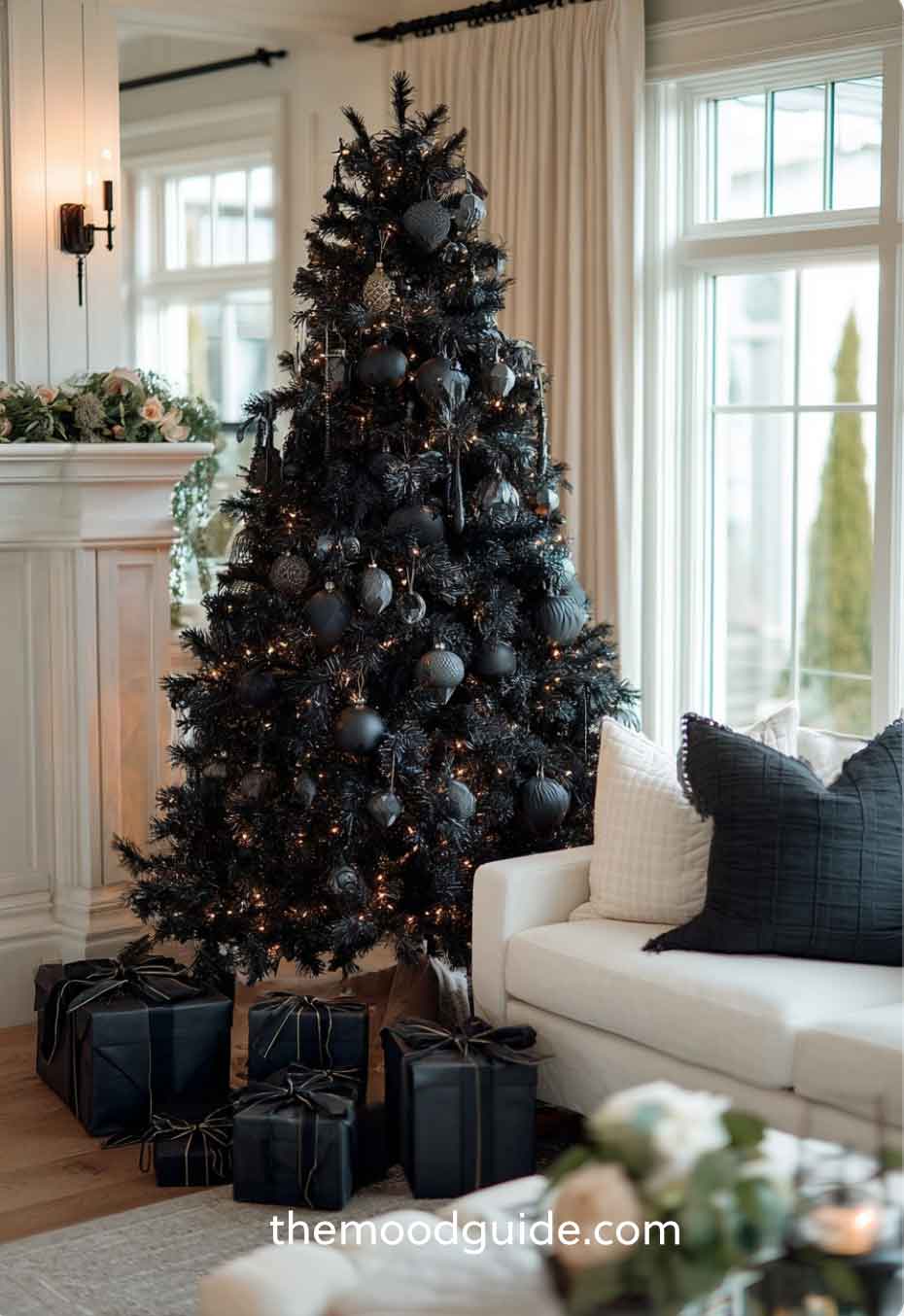 all black and big modern minimal christmas tree on living room with black gifts