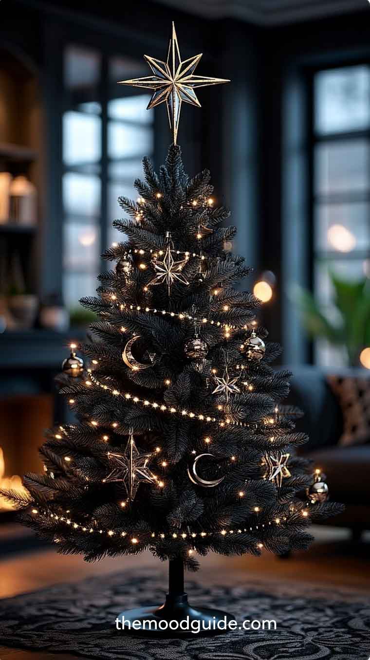 black small christmas tree with celestial moon and stars gold ornaments. modern witch aesthetic