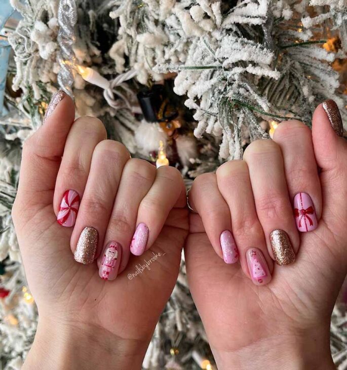 pink, red and glittery gold nails