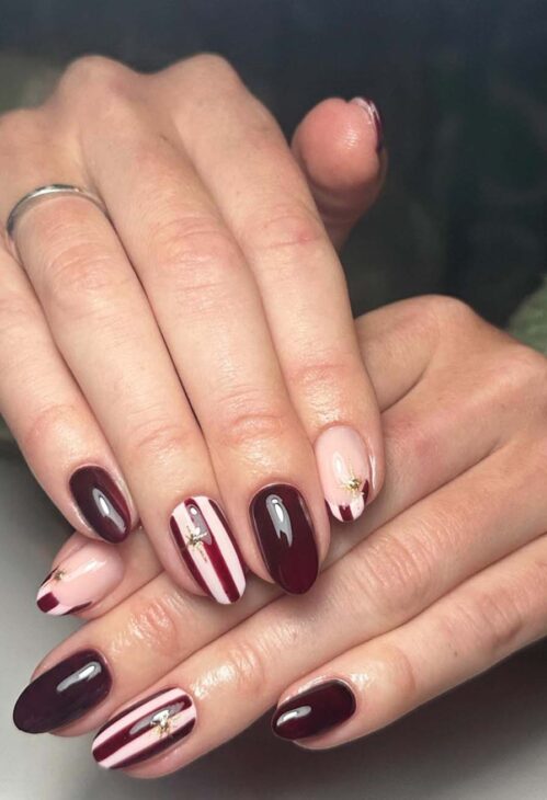 burgundy and soft pink with gold aesthetic nails