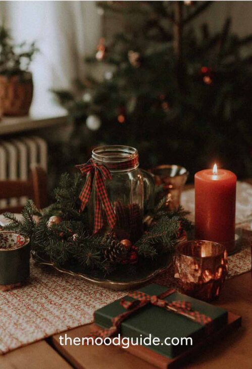 cottage vintage aesthetic red and dark green with plaid christmas centerpiece idea