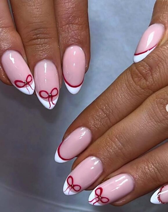 coquette white and red simple easy christmas nail art