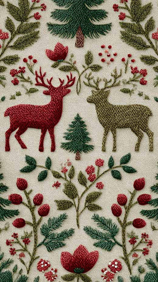 cottagecore vintage classic traditional aesthetic red and green cute Christmas wallpaper for iPhone with reindeer and red berries