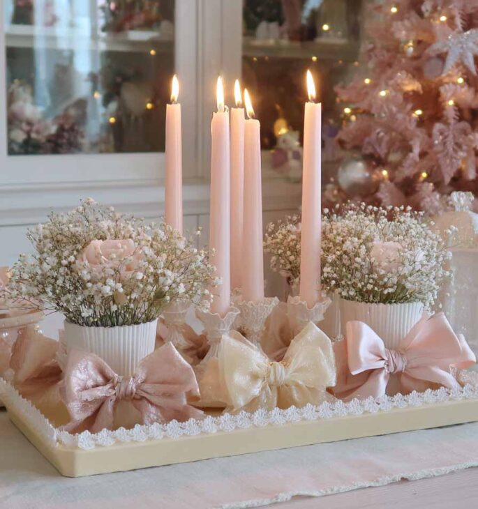 christmas centerpiece with light pink candles