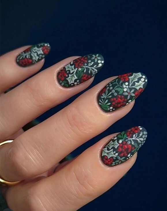 vintage matte christmas nail art with dark cottagecore, little woman aesthetic in red, green and white