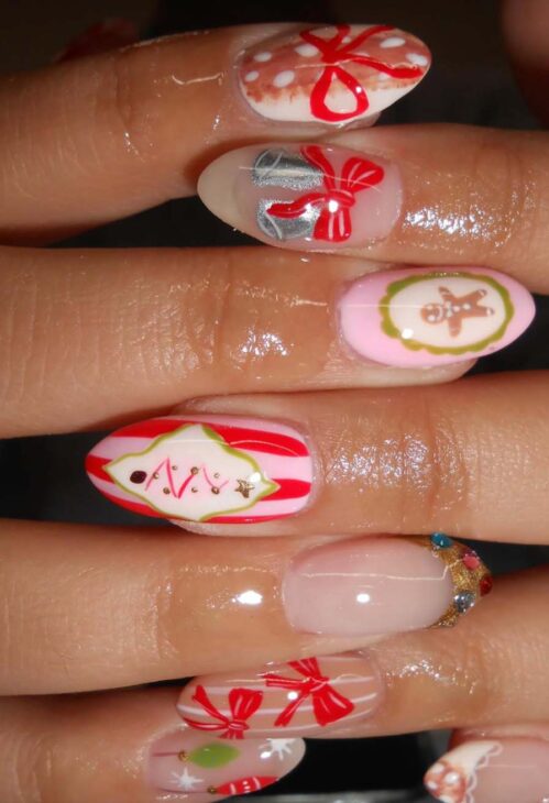 soft pink and red christmas nails