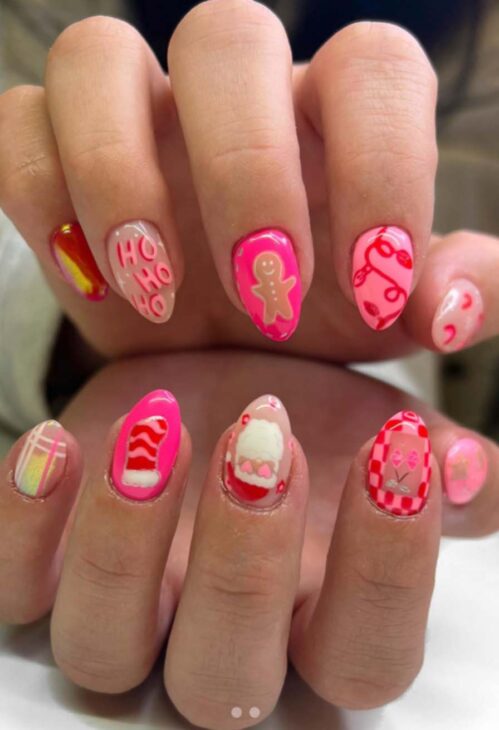 neon pink and red preppy crhirstmas nail art