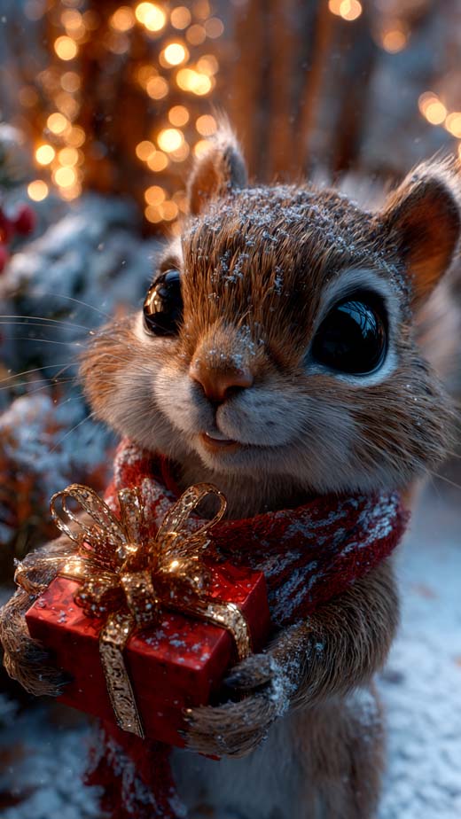 cute squirrel holding a red Christmas gift iPhone wallpaper
