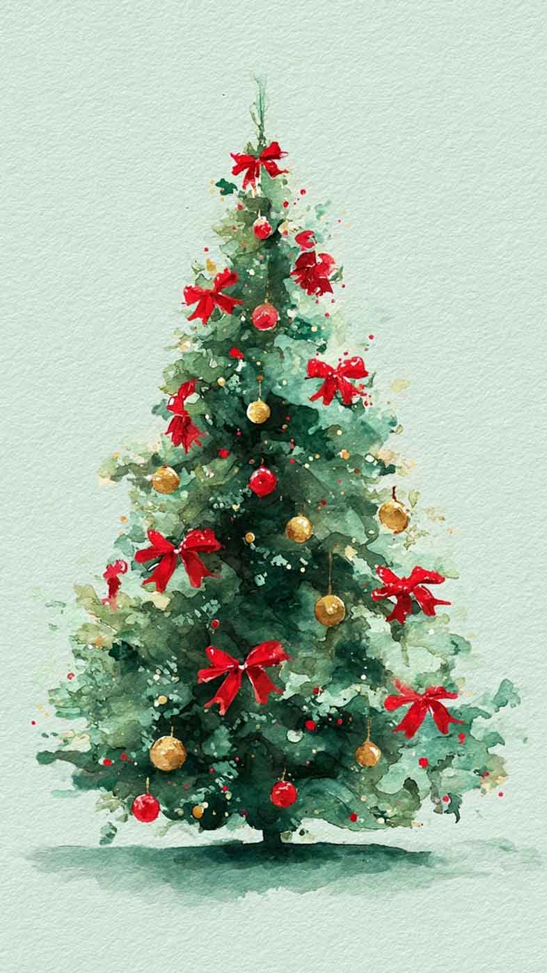 watercolor cute green and red christmas tree wallpaper for aesthetic holiday iphone background