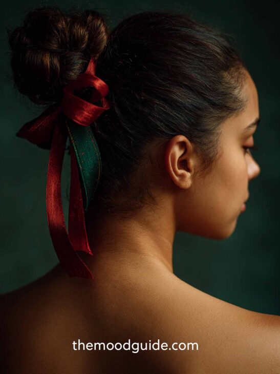 aesthetic traditional simple christmas hairstyle with red and green ribbons accessories