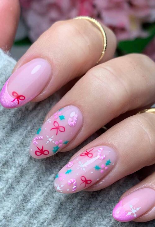 cute pink and red doodles nail art for christmas