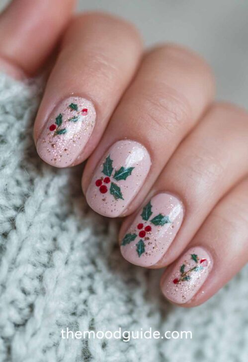 soft pink christmas nails with holly berry.