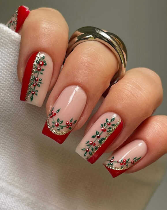 christmas wreath nail art with white red and gold on square nails