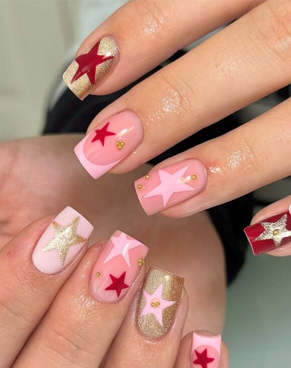 pink burgundy and gold christmas nails