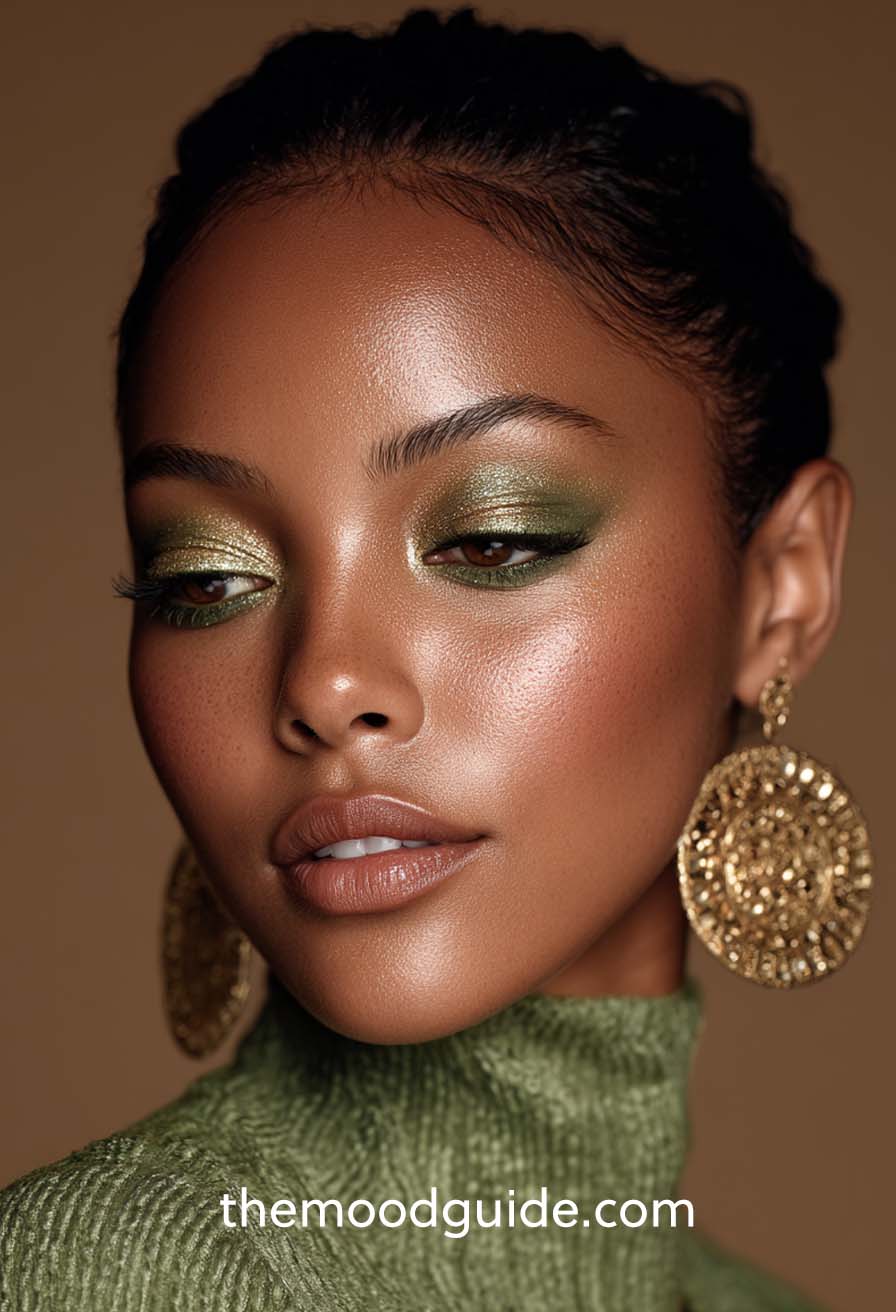 green and gold luxurious christmas makeup on black skin