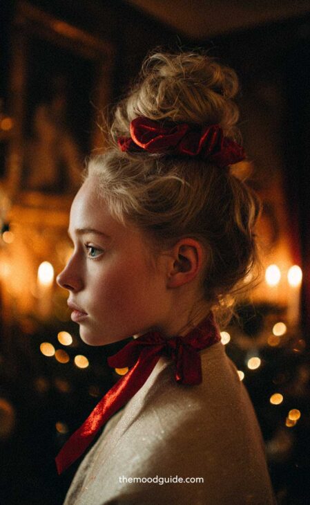 all up christmas hairstyle with red velvet scrunchie
