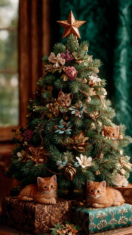 cute aesthetic vintage Christmas tree with kittens wallpaper for iphone