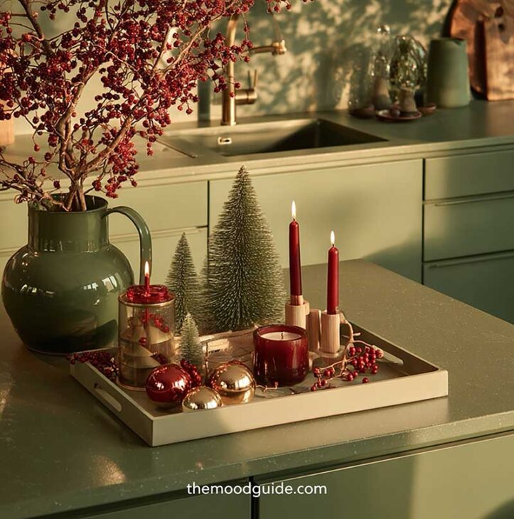 minimalist and easy olive green and red with gold elegant diy christmas centerpiece decor