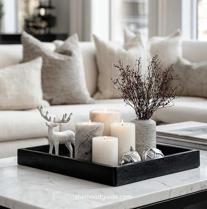 simple chic minimalist black and White Christmas table centerpiece for the living room