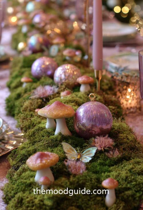 fairy aesthetic moss runner christmas centerpiece with mushrooms and butterflies